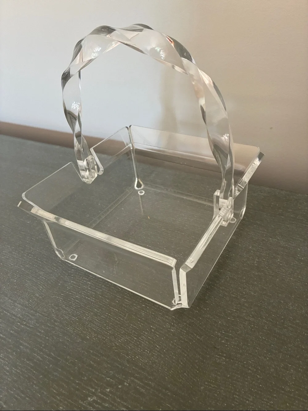 Vintage Clear Lucite Vanity Basket Twisted Handle Hollywood Regency 7.5”